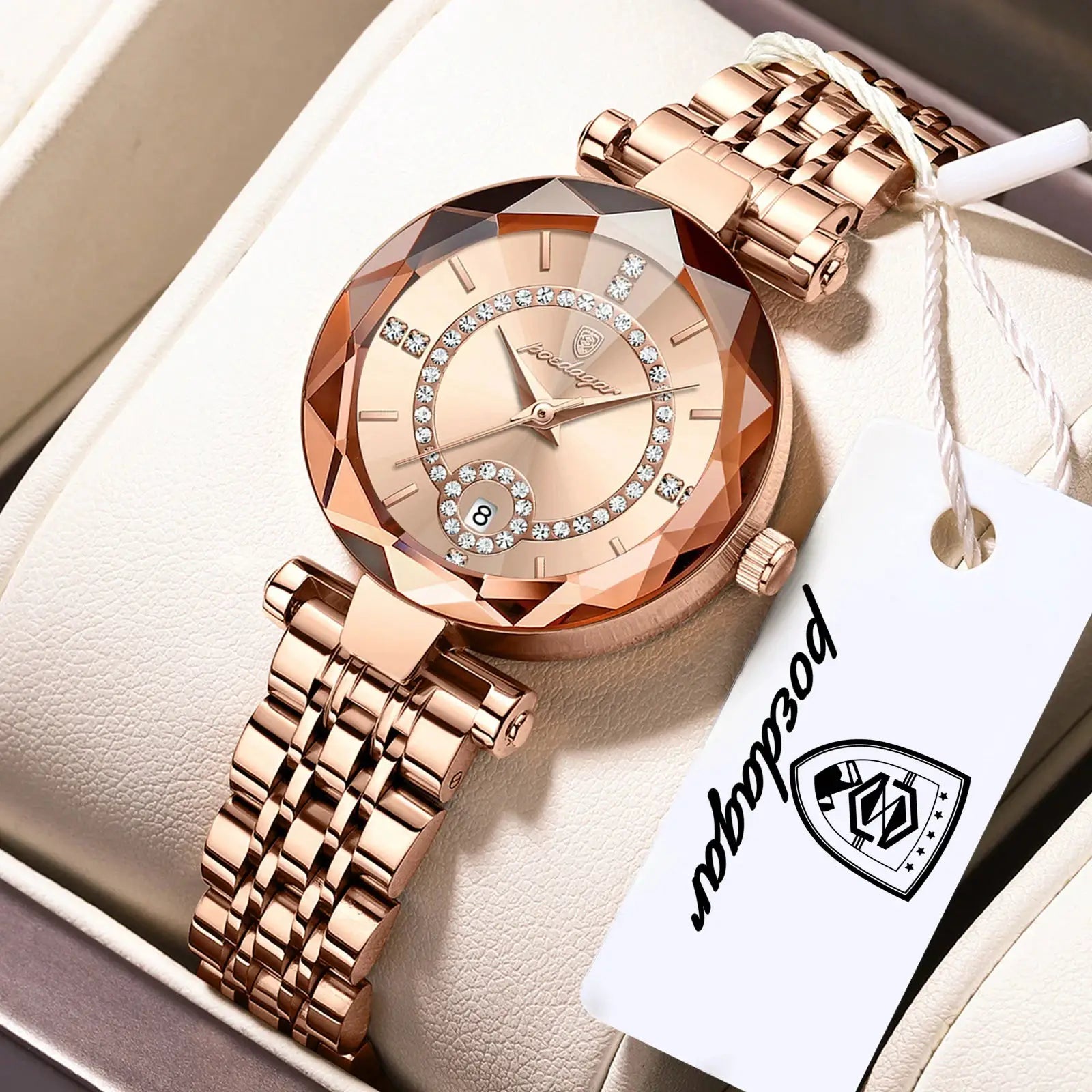 POEDAGAR rose-gold women's wristwatch with crystal bezel, stainless steel band, date display, waterproof quartz