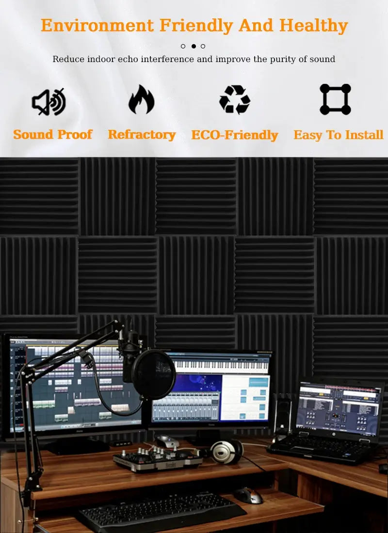 TOUO black acoustic foam panels, 16 pcs, for studio soundproofing, displayed on a wall above a recording desk