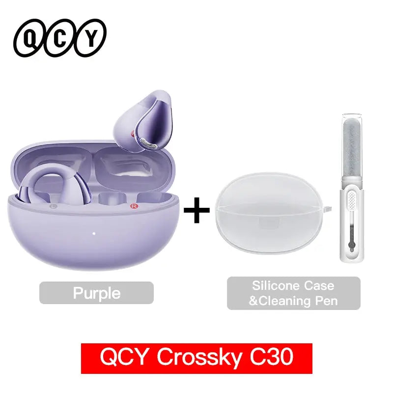 QCY Crossky C30 purple open-ear wireless earbuds in charging case, with silicone case and cleaning pen