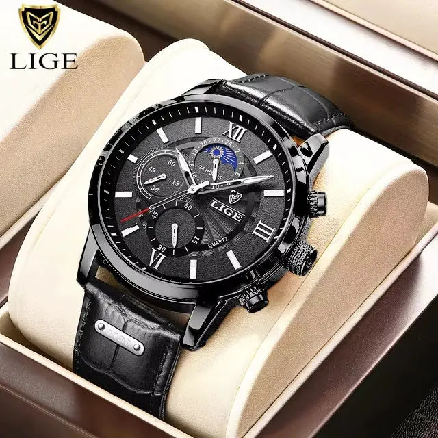 LIGE men's watch with black leather strap and chronograph dial, boxed