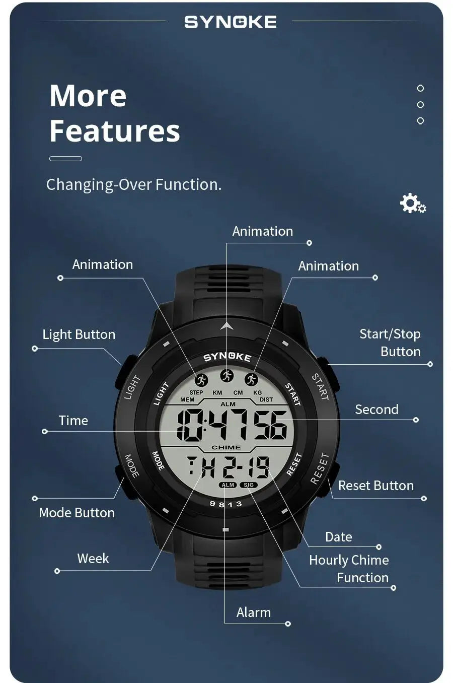 SYNOKE men's black digital watch with large screen, alarm, and 50M water resistance