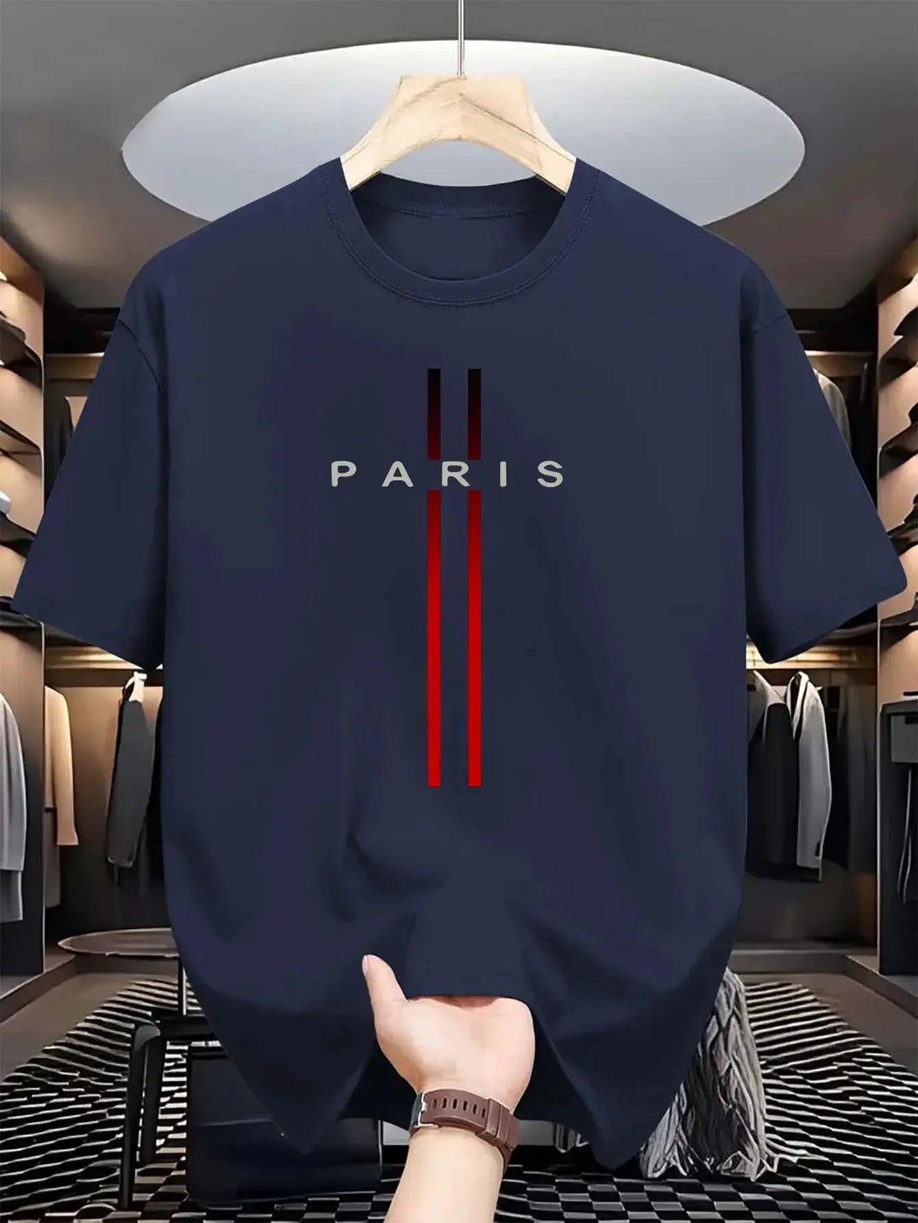 Men's 100 Percent Cotton Summer T Shirt Loose Fit Paris Letter Print Round Neck Short Sleeve Top