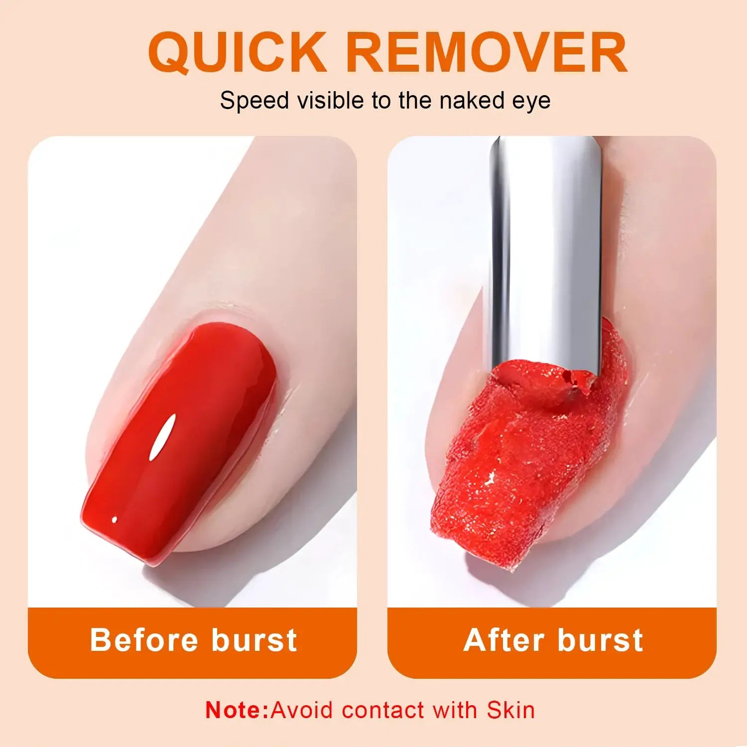 TWOING Nail Gel Polish Remover by Simples Market; two-panel before/after burst demo with red nail polish.