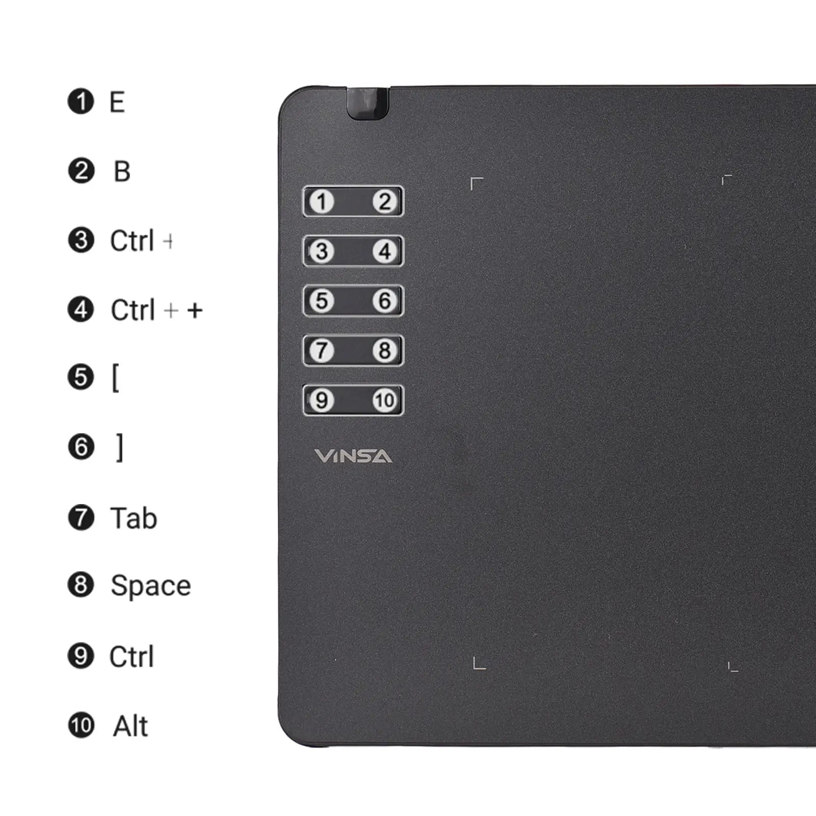VINSA T1161 graphics drawing tablet; ultra-thin black body with 10 side shortcut keys and VINSA logo.