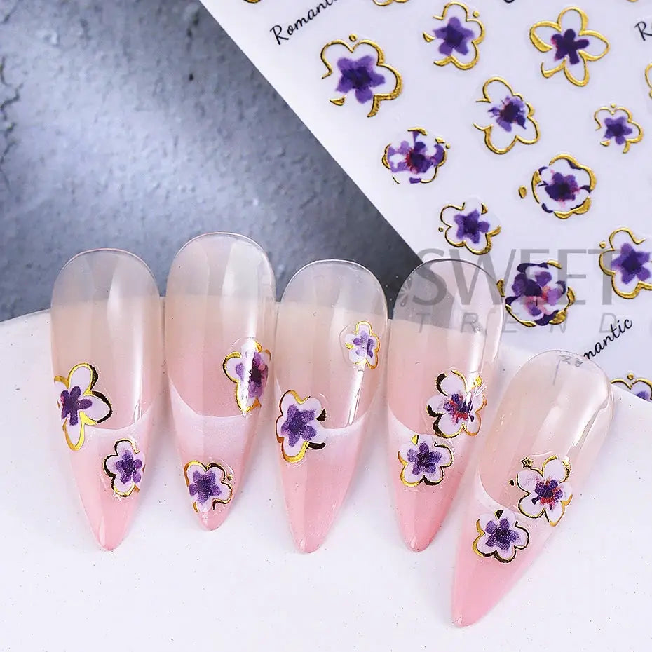 Simples Market 2/3pcs golden pink hibiscus flower nail stickers with gold borders, applied on translucent pink nails