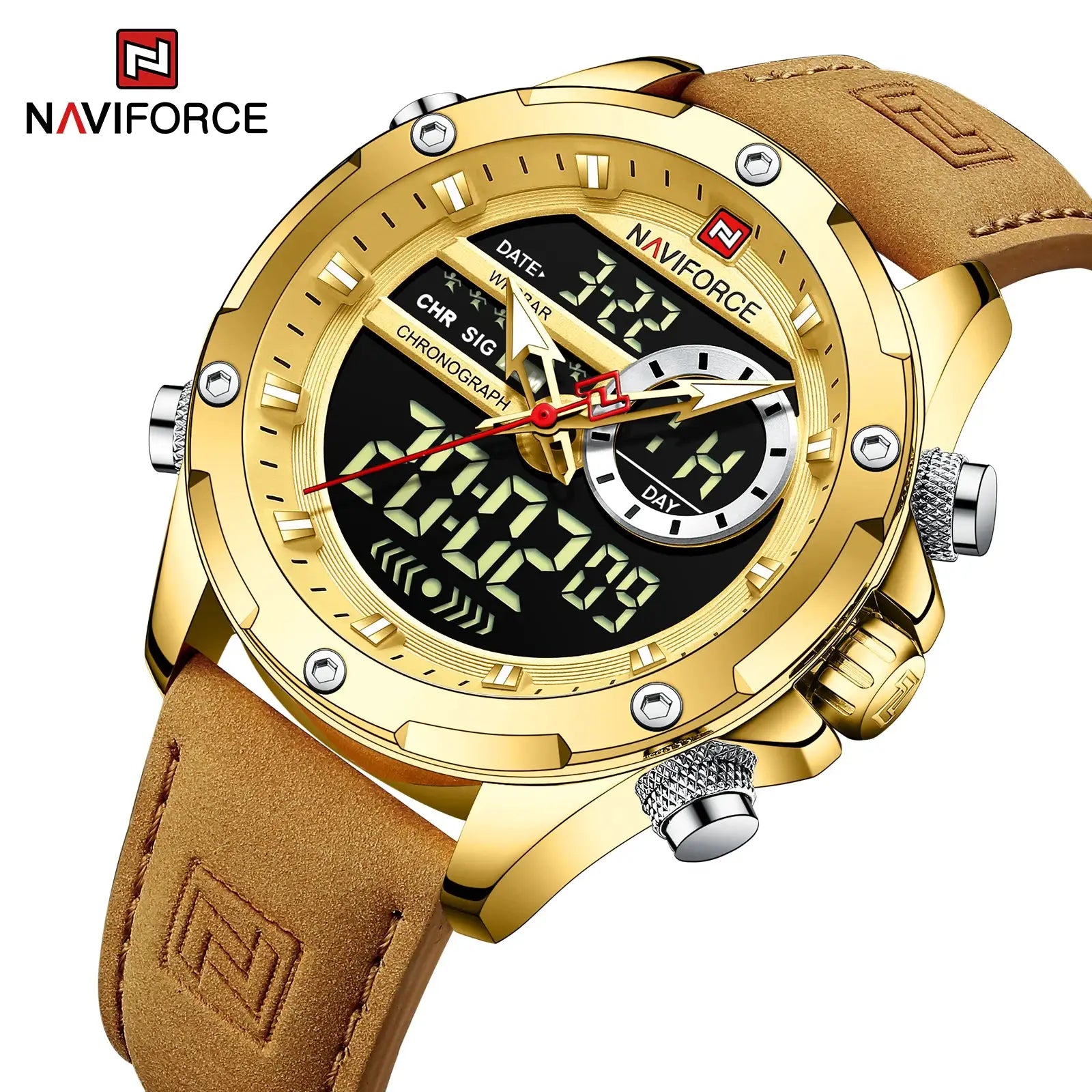 NAVIFORCE luxury men's watch with gold-tone case, brown leather strap and digital display