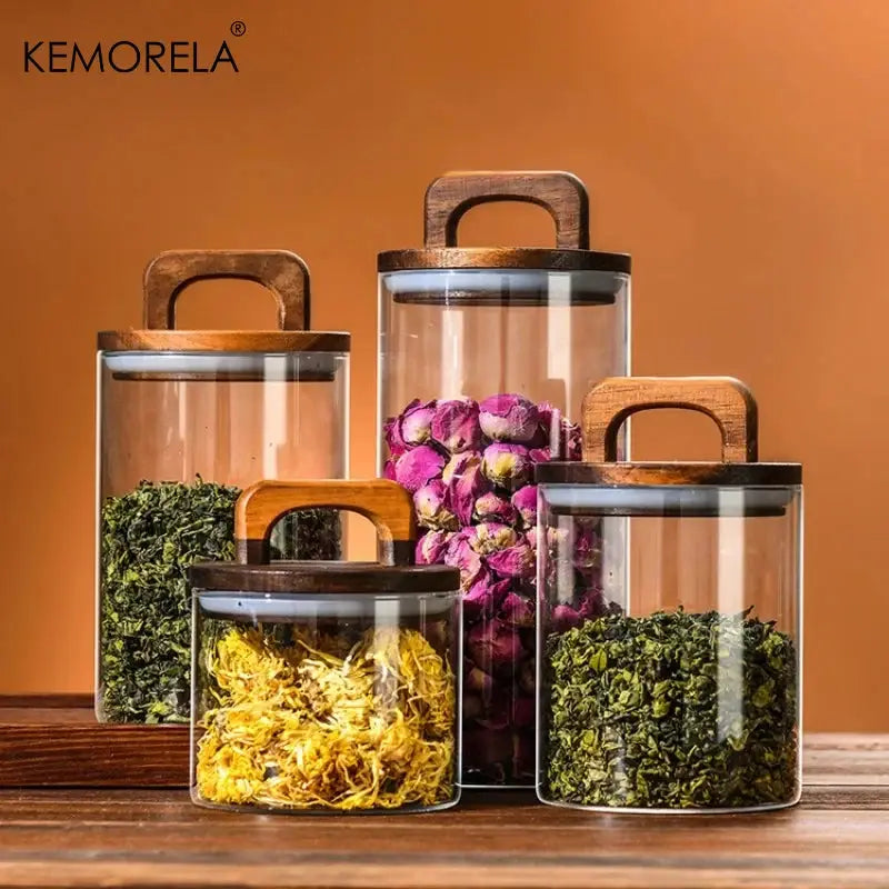 Wood Lid Glass Jar Airtight Canister For Tea Coffee Beans Grounds Candy Kitchen Storage Sealed Jar