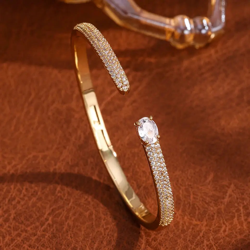 Luxury Geometry Gold Color Cuff Bangles For Women With Cubic Zirconia Bracelets For Party And Everyday Wear