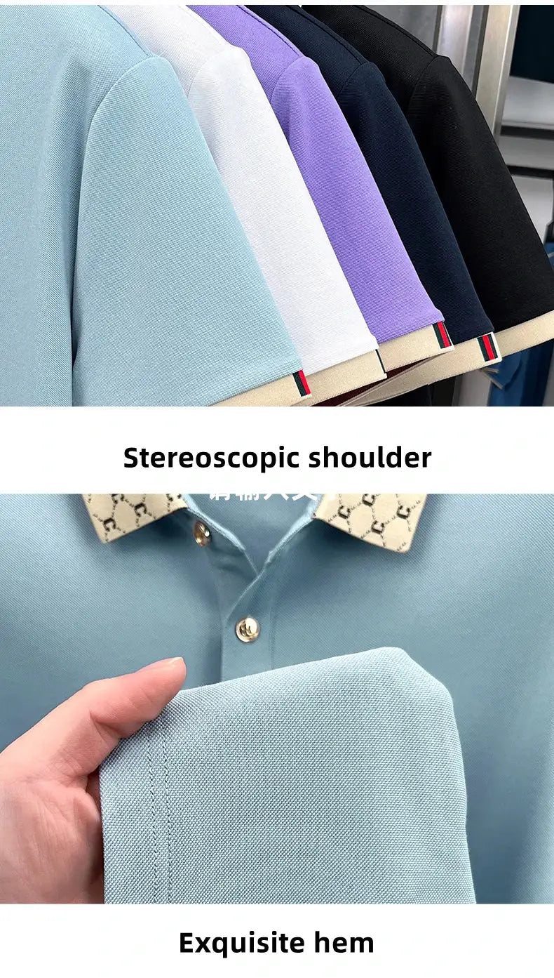 Polo shirts (6) in pastel colors on a rack; lightweight knit with beige patterned collar trim