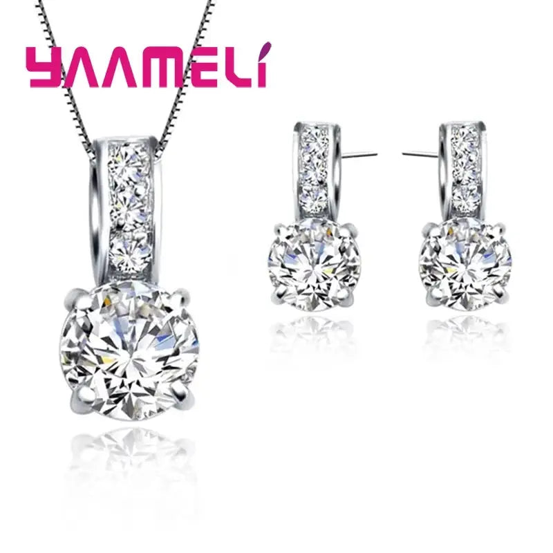 925 Sterling Silver Bridal Jewelry Set With Cubic Zirconia Pendant Necklace And Stud Earrings For Women And Girls