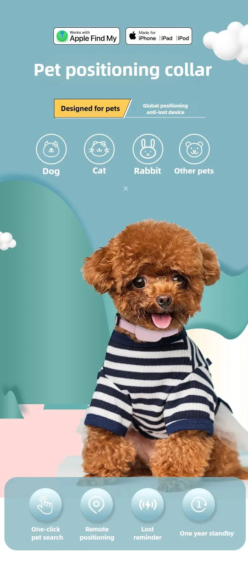 Remote pet GPS tracker collar pink strap, waterproof, real-time tracking, Apple Find My compatible by Simples Market