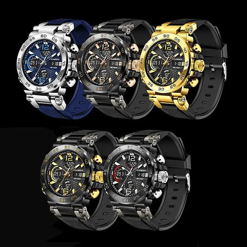 FOXBOX men's luxury diver watches 5-piece set with metal cases and silicone straps in silver/blue, black, and gold