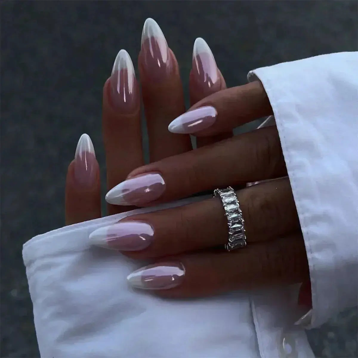 Glamora French Almond False Nails 24 Piece Press On Stiletto Tips With White Edge Design Glue Included For Wearable Glam
