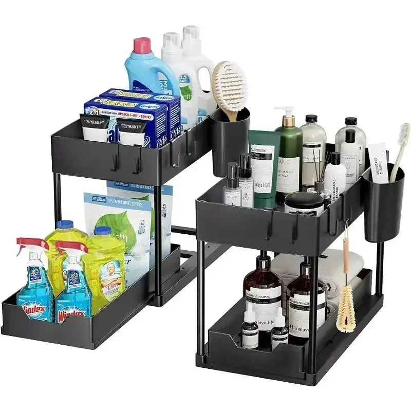 Two Tier Kitchen Sink Organizer Sliding Cabinet Basket With Hooks Hanging Cup Space Saving Rack For Kitchen And Bathroom