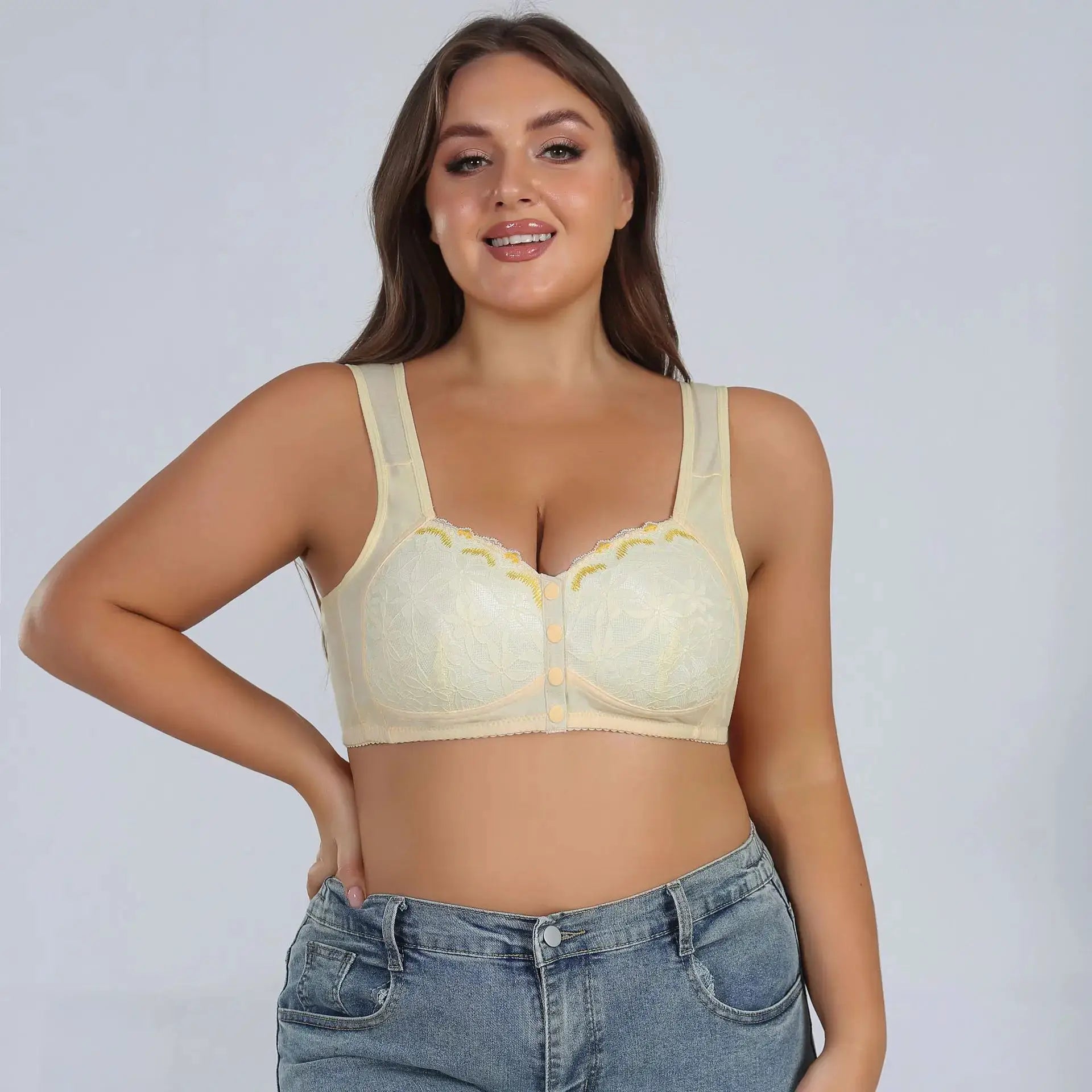 Soft cotton front-buckle lace bra, cream color, XL size, no underwire, Simples Market