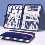 9-19-piece stainless steel nail care set in blue folding case with scissors, clippers, tweezers.