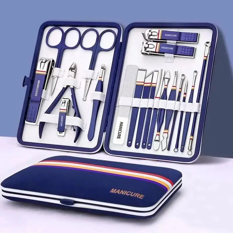 9-19-piece stainless steel nail care set in blue folding case with scissors, clippers, tweezers.