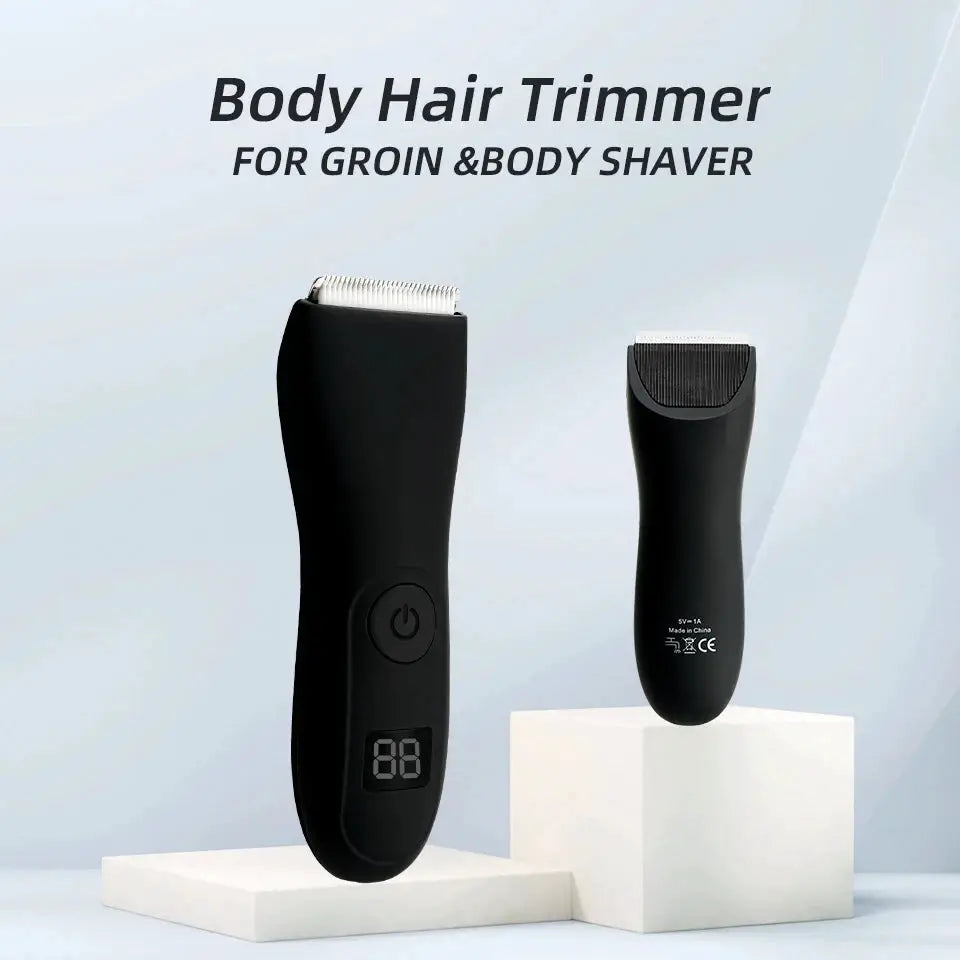 HOMEFISH Body Hair Trimmer by Simples Market; two black cordless groin and body groomers with digital display.