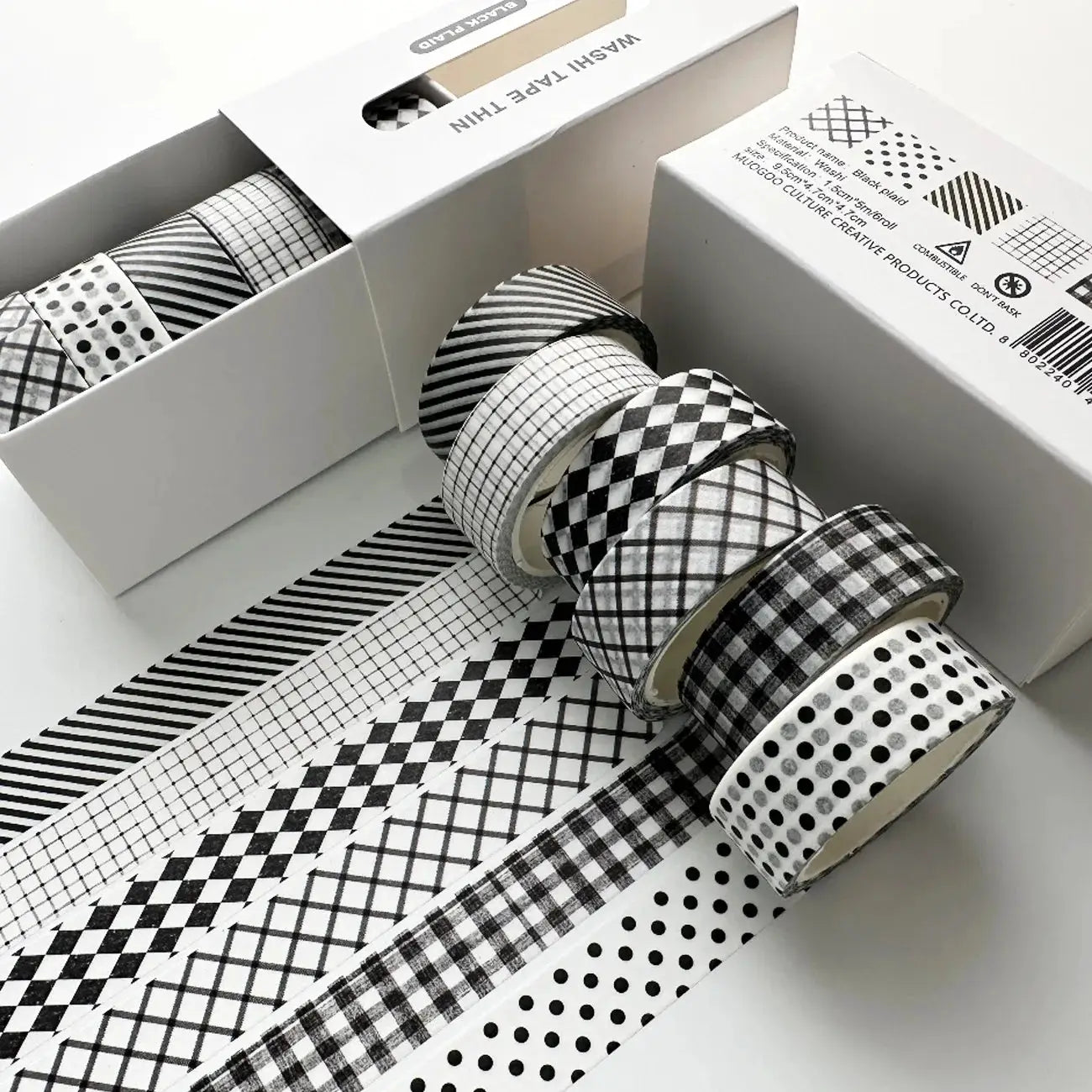 Washi tape 20-roll set by Simples Market in black-and-white stripes, grids, dots and checks for diary decoration