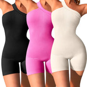 Women's ribbed seamless one-shoulder yoga romper set in black, pink, beige (3-pack)