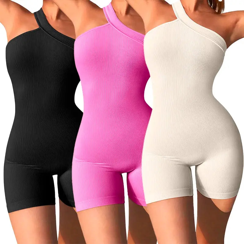 Women's ribbed seamless one-shoulder yoga romper set in black, pink, beige (3-pack)