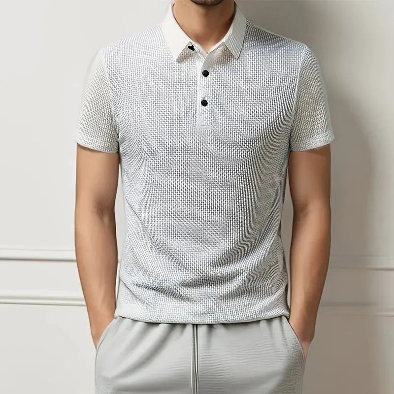 Polo shirt, bone color with subtle micro-pattern, breathable short sleeves, Simples Market