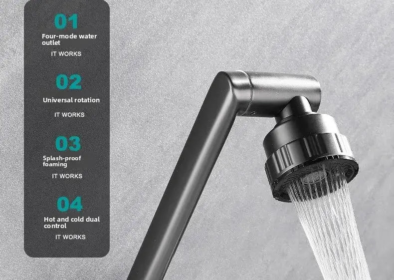 4-mode stainless steel wall-mounted kitchen faucet with 360° rotation