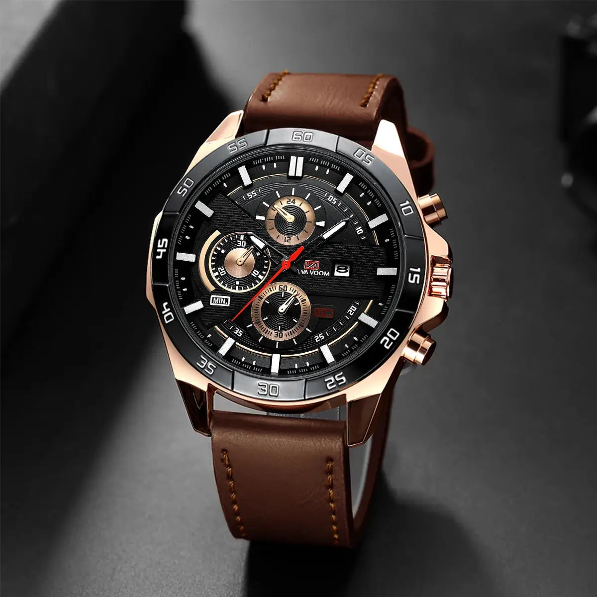 Men's 46mm Sports Style Leather Racing Band Quartz Calendar Watch For Precise Timekeeping