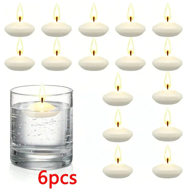 Floating white disc candles, 6-piece set for wedding, party or bath decor.