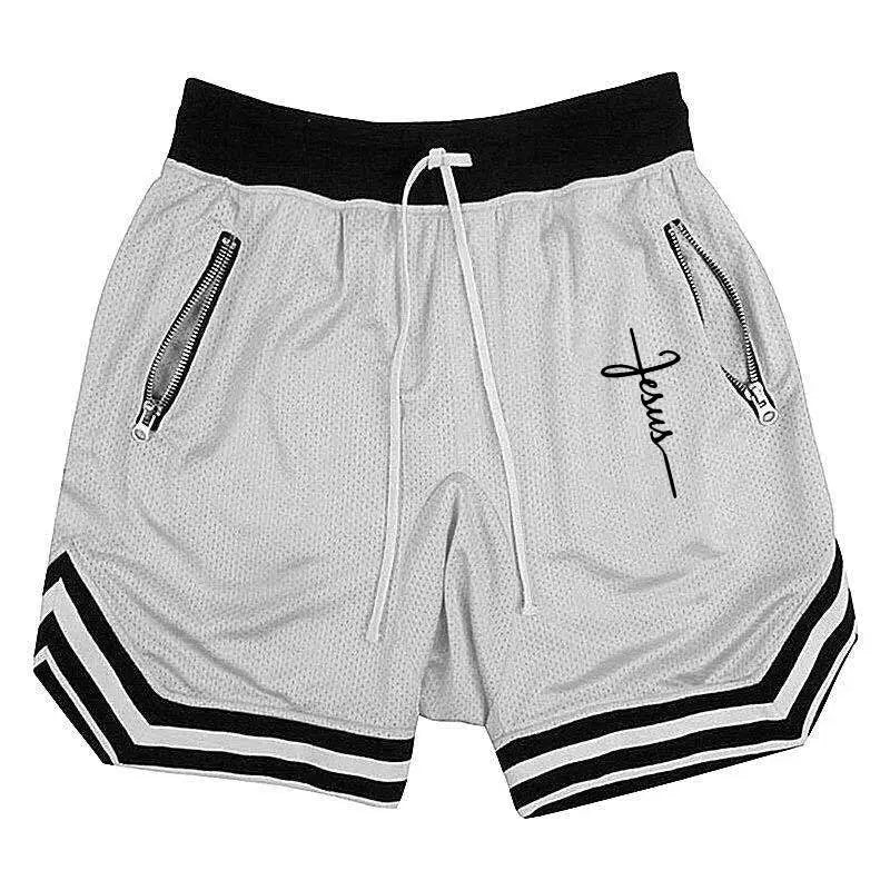 Men's gray mesh basketball shorts with black waistband, drawstring, zip pockets, and striped hem.