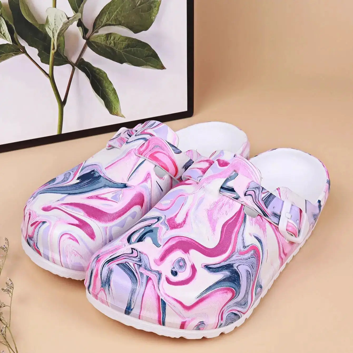 Women's garden clogs, pink marble pattern EVA waterproof slip-on slippers with white sole