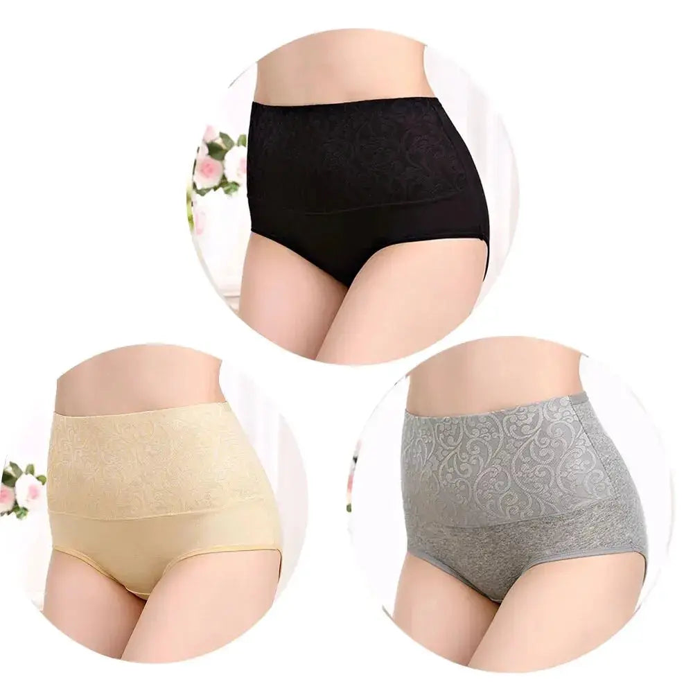 Plus-size high-waist cotton panties 3-pack for women by Simples Market in black, beige and gray with lace panels