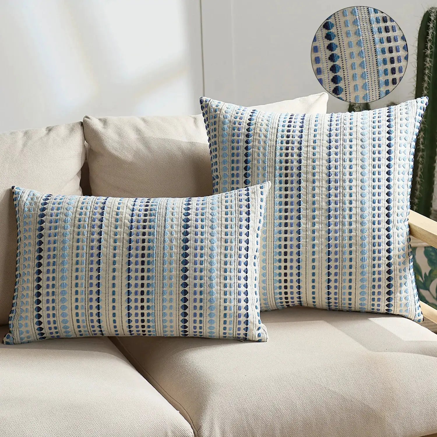Simples Market Boho Dots jacquard cushion cover 45x45cm with zipper closure; blue, ivory and grey tones, set of 2