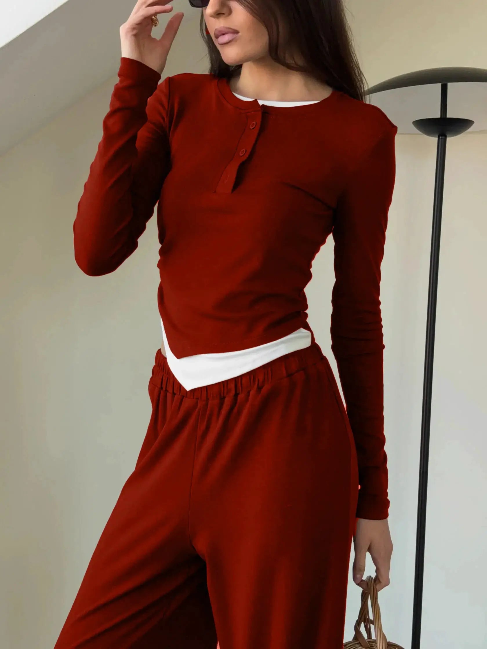Hirsionsan Modal Soft Loose Set Women Long Sleeve Top High Waist Pants