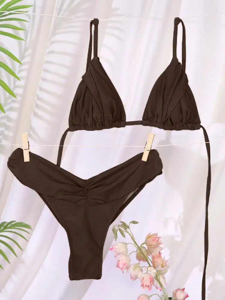 Sexy Folds Bikini Set Solid Micro Triangle Swimwear for Women Two Piece Beachwear Bathing Suit