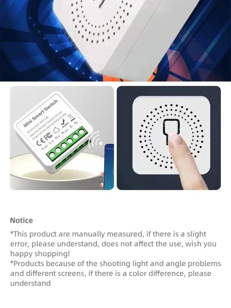 WiFi/Zigbee 3.0 smart switch with timer relay, white housing and green terminal block, 2-way control