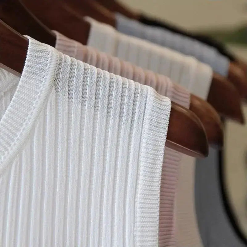 Korea Knitted Vests Women Top Lightweight Breathable High Stretch Polyester Knit For Summer Comfort
