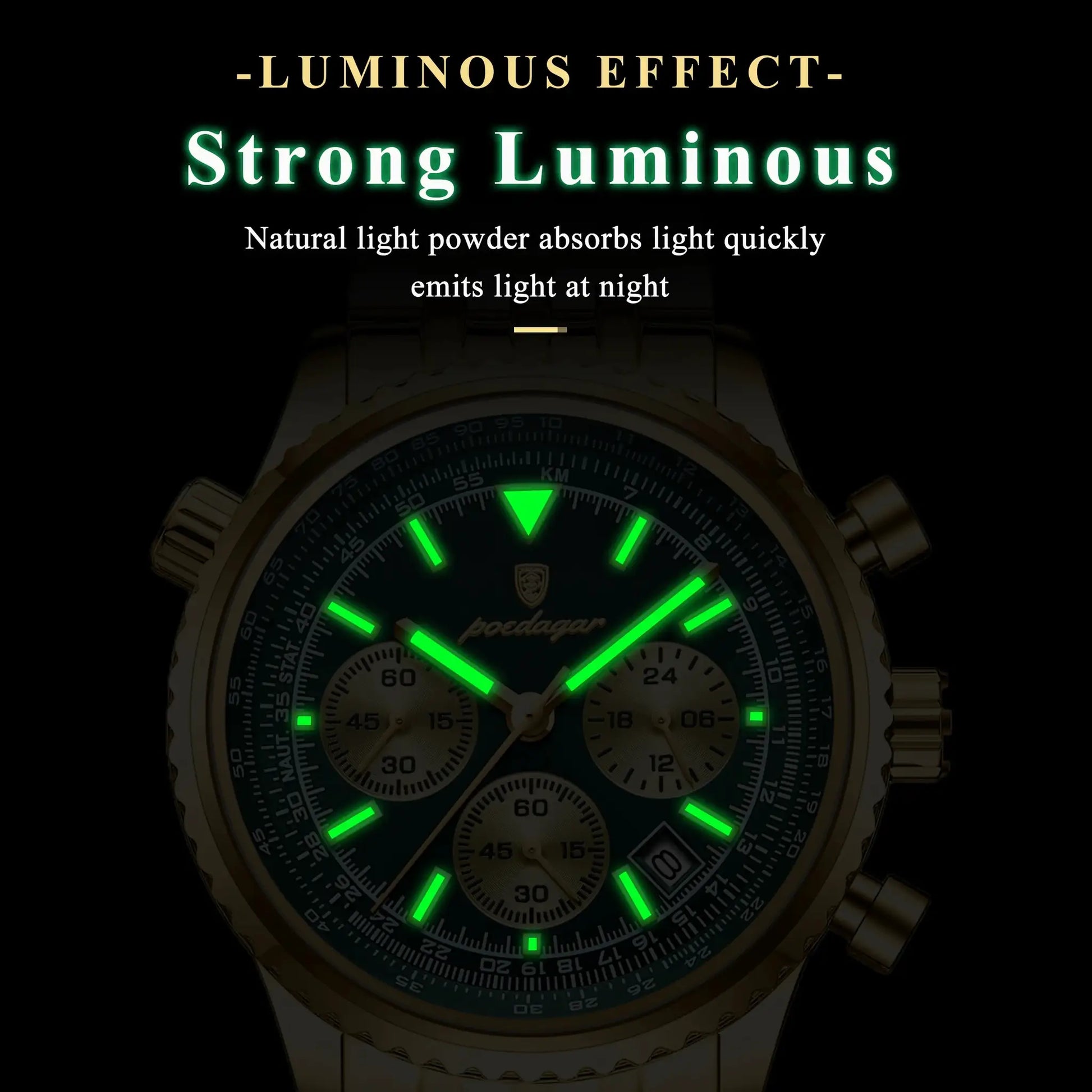 POEDAGAR stainless steel men's wristwatch with chronograph, date window, waterproof and luminous green hands