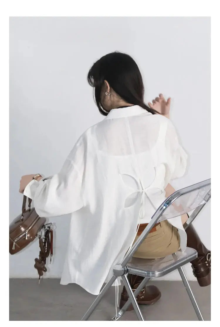 CHIC VEN women's white long-sleeve blouse with back hollow-out bow detail; loose casual fit, Simples Market