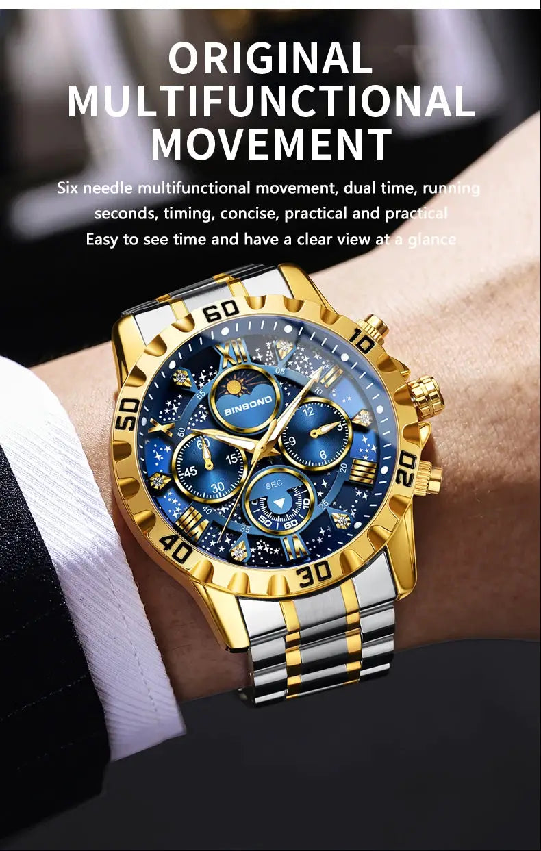 Binbond men's luxury stainless steel chronograph watch with blue dial and gold-silver bracelet