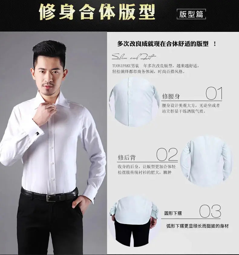 Men's slim-fit white dress shirt with French cuffs by Simples Market; solid color, long-sleeve business shirt.