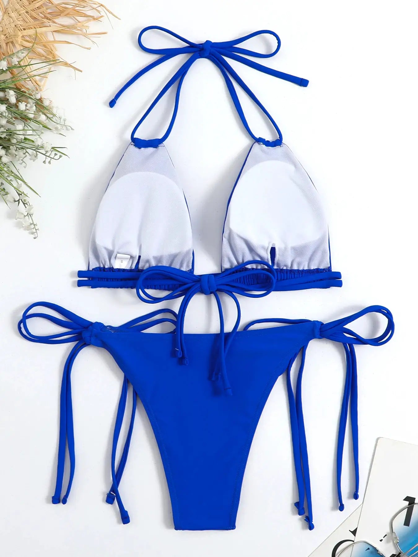 Simples Market two-piece bikini set, cobalt blue halter with strappy ties and matching bottom