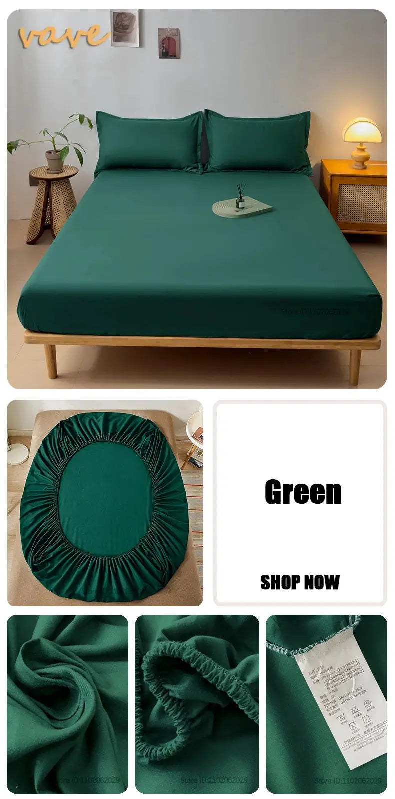 Full-size green cotton fitted sheet with elastic bands, fits single to king beds