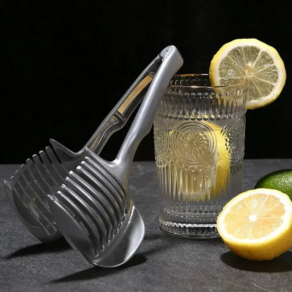 SwiftSlice Stainless Steel Handheld Fruit And Vegetable Slicer For Precise Uniform Slices Of Tomatoes Lemons And Onions