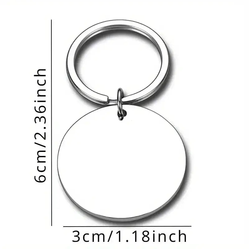 Stainless steel keychain with round silver disk pendant, 6 cm diameter