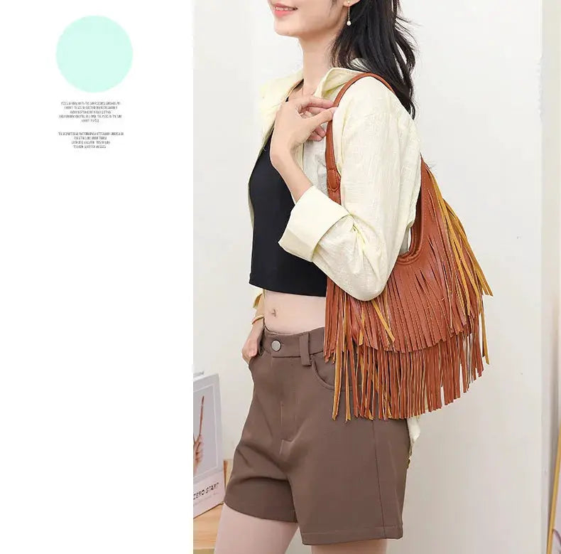 Long Tassels women's handbag by Simples Market; brown fringe PU leather shoulder bag.