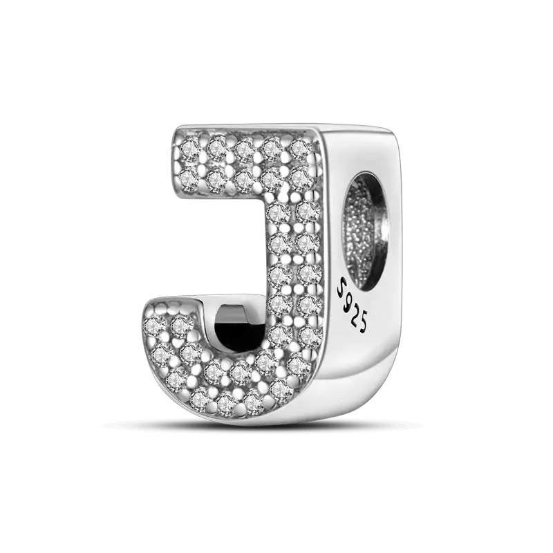 J letter charm in 925 sterling silver with CZ stones for Charmhub Fit bangle