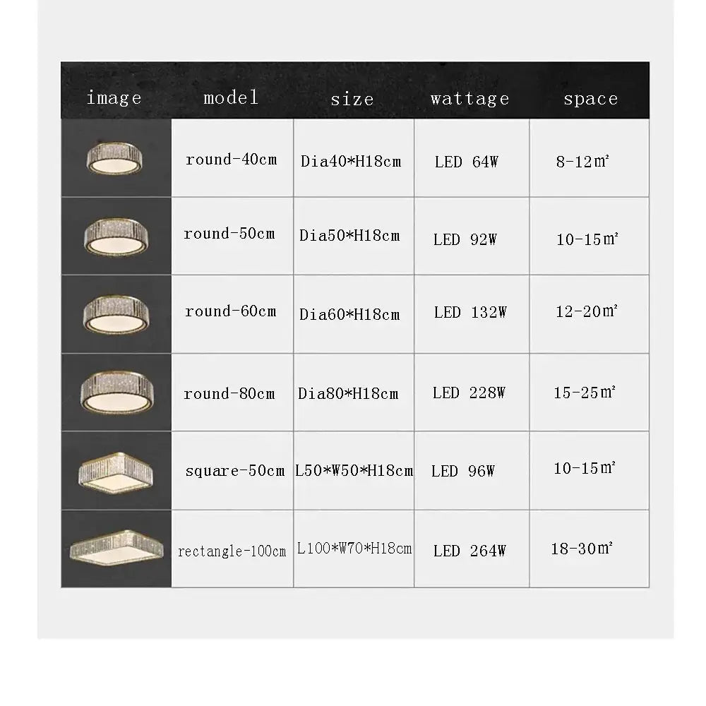 Light Luxury Crystal Ceiling Lamp by Simples Market; catalog image shows round, square, and rectangular ceiling lights in various sizes