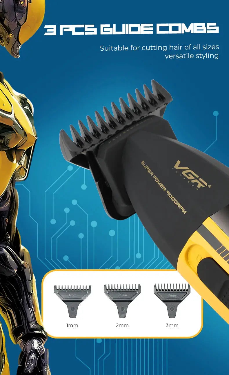 VGR hair trimmer with black-yellow body and 3 guide combs (1mm, 2mm, 3mm)