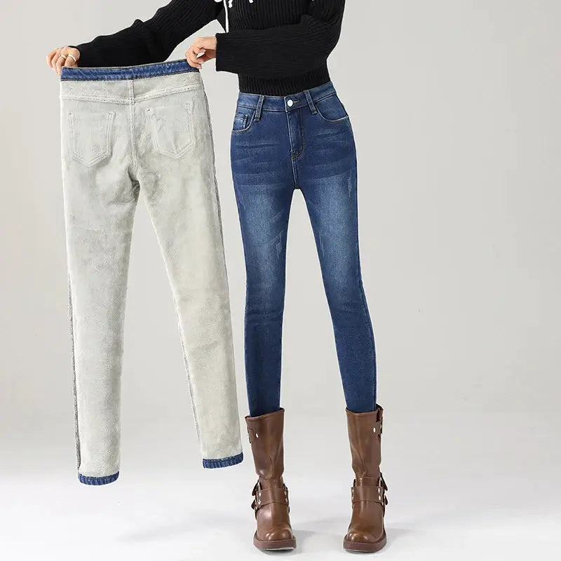Women Thermal Jeans Fleece Lined Warm Stretch Slim Fit Pants Korean